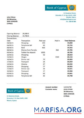 Blank Cyprus Bank of Cyprus bank statement excel download for verification